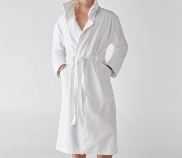 A full-length view of one of the Heidi Weisel robes, Bailey. This white robe has pockets.