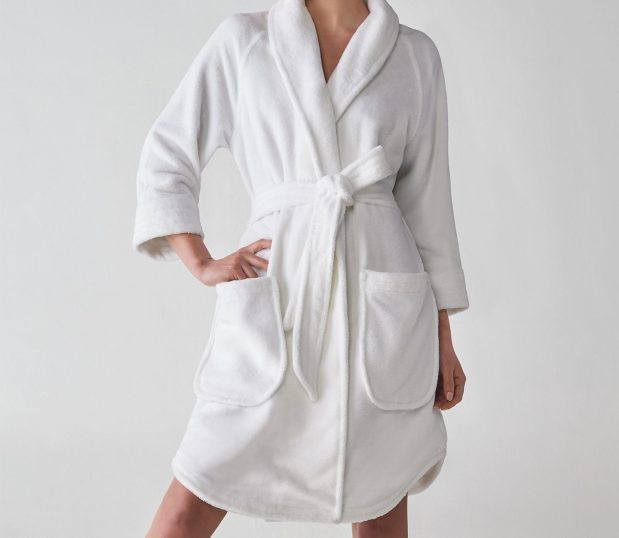 The Nikki Bathrobe, by Heidi Weisel robes, has raglan sleeves and a shawl collar.