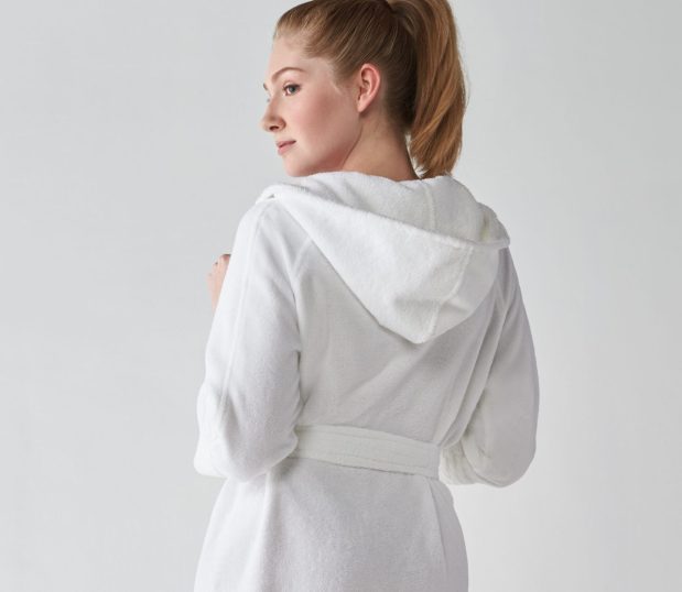 Back view of the Rachel Bathrobe. This view of one of the Heidi Weisel robes shows the hood and a model looking over her shoulder.