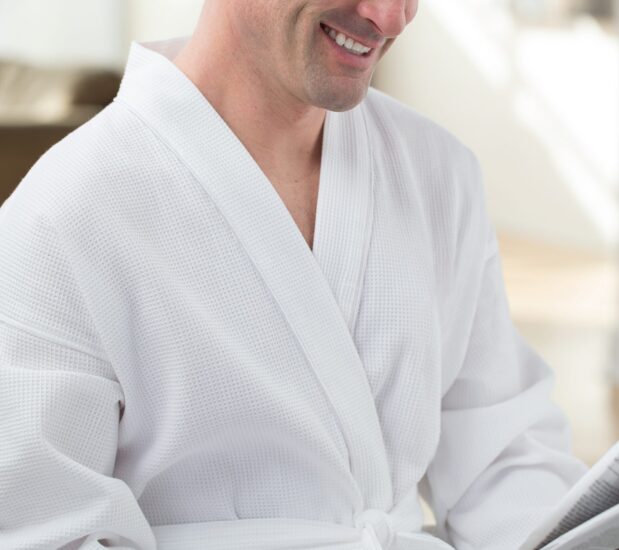Model shown here wearing the waffle bathrobe.