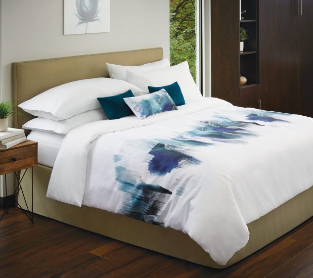 ImagePoint custom duvet cover with beautiful blues and teals with watercolor drybrush strokes.