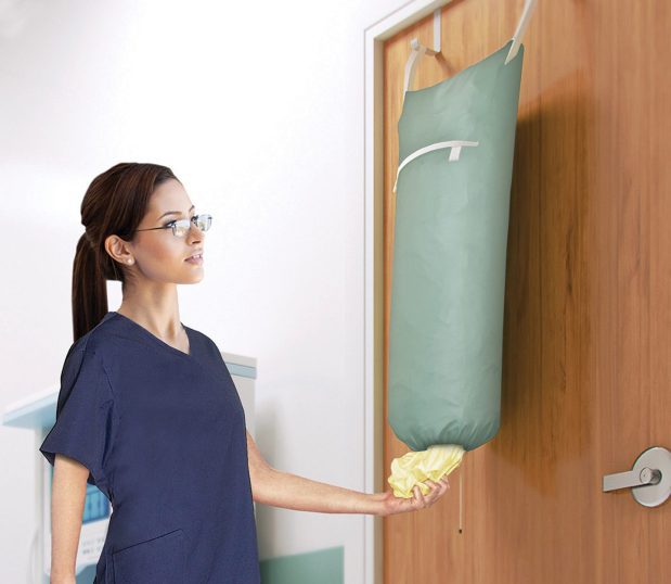 This dispenser bag provides quick and efficient storage for reusable gowns. Each bag holds up to 20 gowns and does not require folding. Gowns dispense individually.
