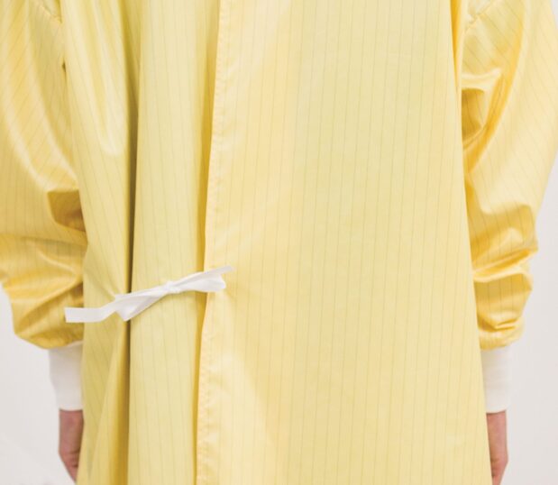 This is a back view of the EasyRelease® Isolation Gown. It shows the lapover and the single tie at the waist.