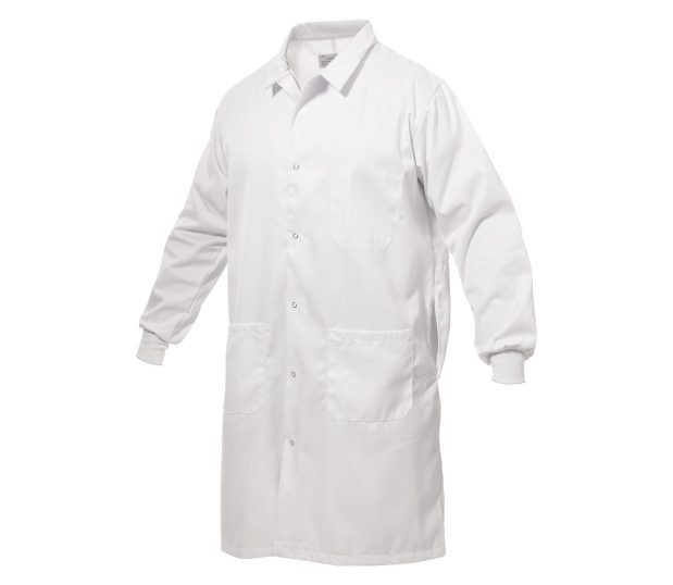 Silhouette view of our ComPel® Protective Lab Coat. These white unisex lab coats are made with a patented sleeve and shield design for under-cuff protection.