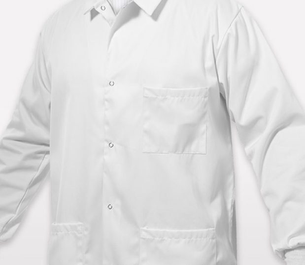 Detail of the front of our white ComPel® Protective Lab Coat showing the three pockets and the snap closures.