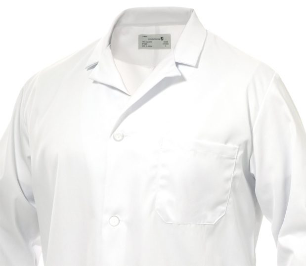 Detail of the front of the Men's Poplin Lab Coat showing the chest pocket and button closure.