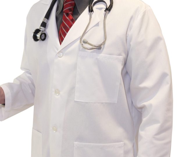 Image of a person wearing the unisex lab coat for both men and women. This white lab coat has a lapel collar, side access alits, a plain back, and a four button closure.