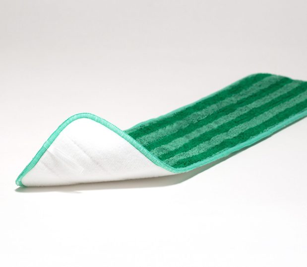 2-Tone Microfiber Wet Mop Pad features a twist pile, merrowed edge with green thread and rounded corners.