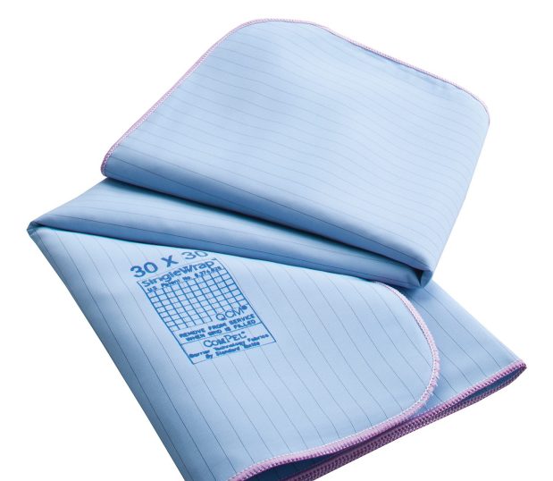 Artfully folded the this is a blue with grey pin stripping surgical wrapper. WraPel® Surgical Wrappers are a reusable, liquid-resistant, and virtually lint free solution for wrapping surgical instrument sets, trays, and textile packs.