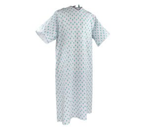 This silhouette of our double lapover hospital patient gowns feature two neck ties. The pattern for this hospital gown is Embassy Teal which is a small fleur de lis design.