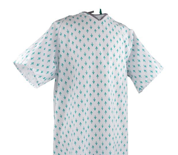 This is a detail of our double lapover hospital patient gowns feature two neck ties. The pattern for this hospital gown is Embassy Teal.