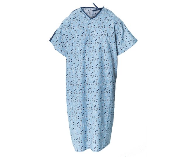This is a silhouette of. the Keystone E*Star® Patient Gown. This hospital gown has a lapover V-neck design made from E*Star® fabric with plastic snap I.V. sleeves and telemetry pocket.