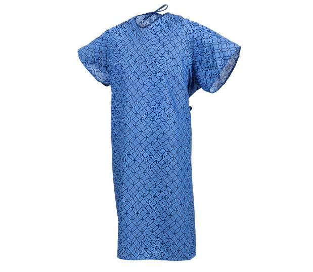 Silhouette of our E*Star® Patient Gowns with the lapover V-neck design. It is shown in the Motif Blue pattern. Available options include I.V. sleeves and telemetry pockets