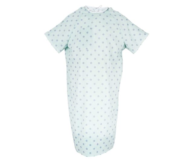 Silhouette of the Lapover Patient Gown. These hospital gowns have a variety of options in V-neck, scoop neck, I.V. sleeves, and telemetry pockets options.