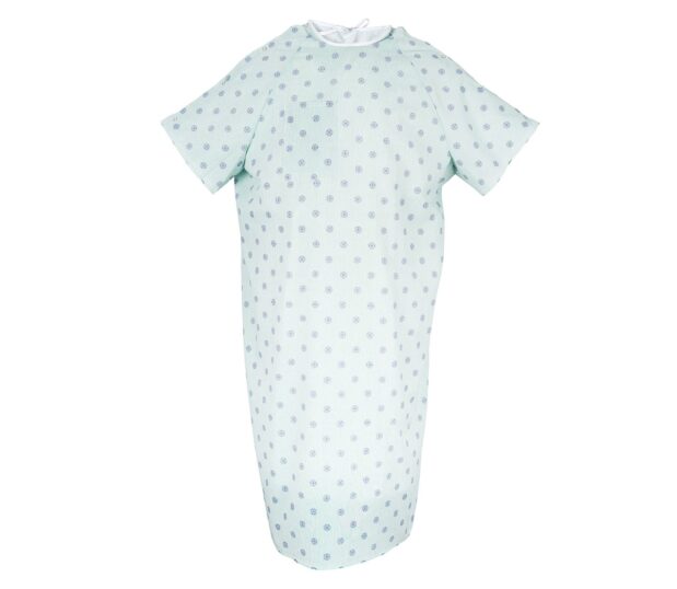 Silhouette of the Lapover Patient Gown. These hospital gowns have a variety of options in V-neck, scoop neck, I.V. sleeves, and telemetry pockets options.