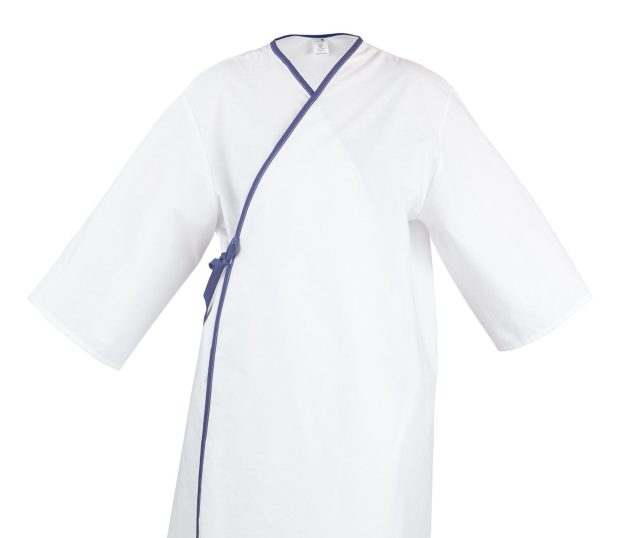 This is a detail of the Champion Cloth Exam Robe. This robe is white with dark blue trim, it criss-crosses in front, kimono fashion, and ties at the waist.