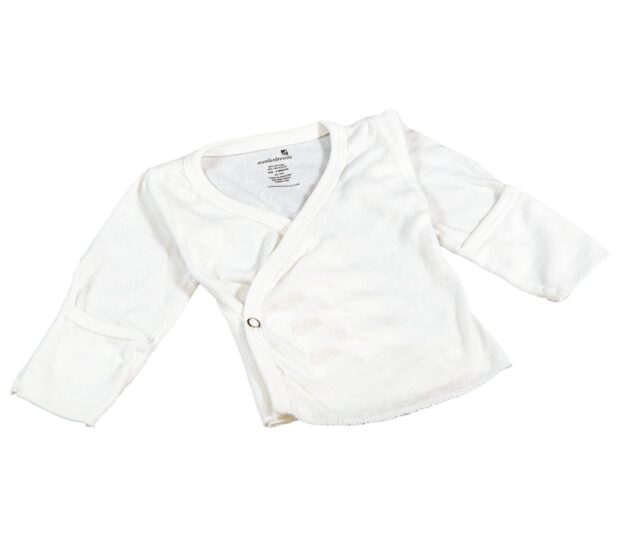 Silhouette of our Long Sleeve Baby Shirt with mitt cuffs. These baby shirts have a cotton-rich blend. This one is the gripper closure design.