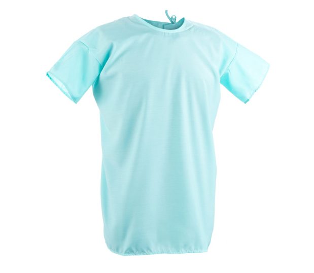 This silhouette of a lapover style pediatric hospital gown in a solid aqua.