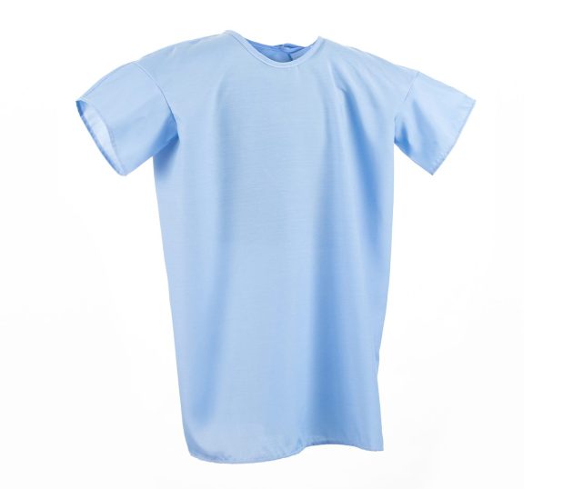 This silhouette of a lapover style pediatric hospital gown in a solid blue.