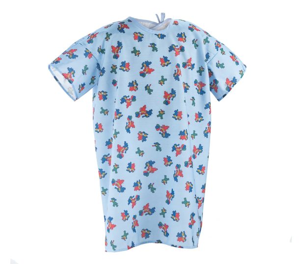 This silhouette of a lapover style pediatric hospital gown has the Happy Hound print in Blue.