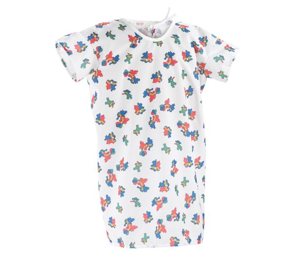 This is a silhouette of a pediatric hospital gown has the Happy Hound print in White.