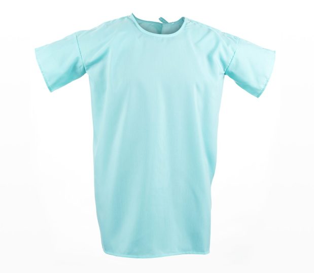 This silhouette of a lapover IV style pediatric hospital gown in a solid aqua.