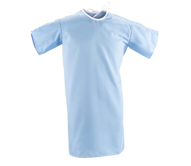 Silhouette of our IV Teen Hospital Gowns which are made from ChildGuard™ Fabric. This teen hospital gown is in solid Blue.