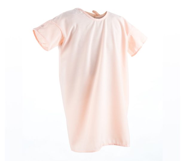 Silhouette of our toddler hospital IV gowns in the solid Coral ChildGuard™ Fabric.