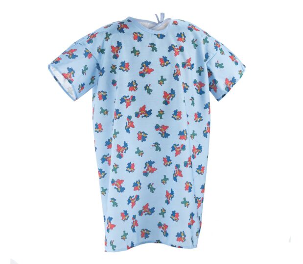 Silhouette of our toddler hospital gowns in the Blue Happy Hound print. These children's hospital gowns are made from ChildGuard™ Fabric.