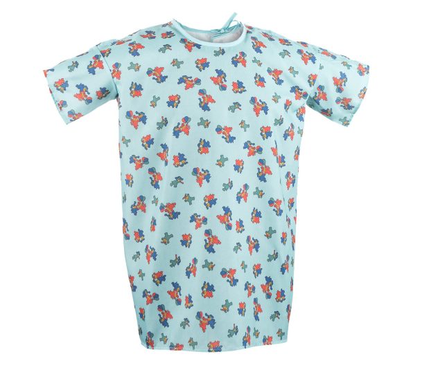 Silhouette of our toddler IV hospital gowns in the aqua Happy Hound print. These children's hospital gowns are made from ChildGuard™ Fabric.
