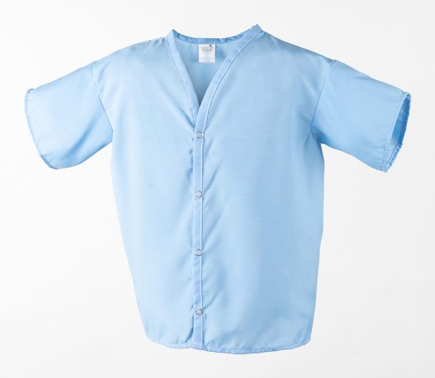 Pediatric Pajama Tops Children’s Healthcare Apparel. Made from our ChildGuard™ Fabric. Available options include a 4 snap neck and various child-friendly colors and patterns. Shown in Blue.