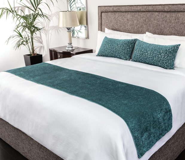 Custom Bed Scarf and pillows in Teal on white bed with beige linen headboard.