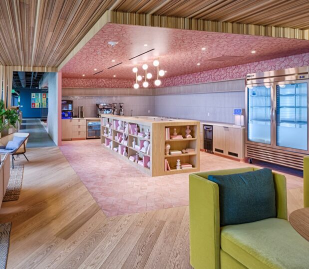 Breakfast area with pink Custom wallcovering.