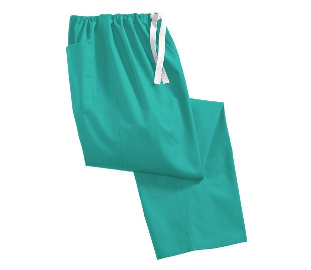 Silhoette of our Softweave® Unisex Scrub Pants are shown here folded and in the Jade colorway. Most styles are reversable with a color-coded drawstring waist.