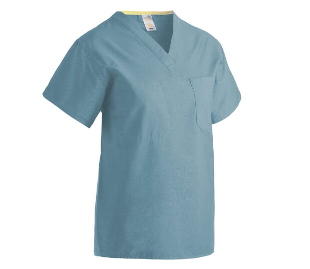 Poplin V-Neck A Line Unisex scrub shirt in Misty Green.