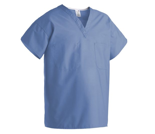 Outline of our Unisex Poplin Scrub Shirt is shown here in Ceil Blue. These unisex scrub tops are available in A-line and Standard FIt.