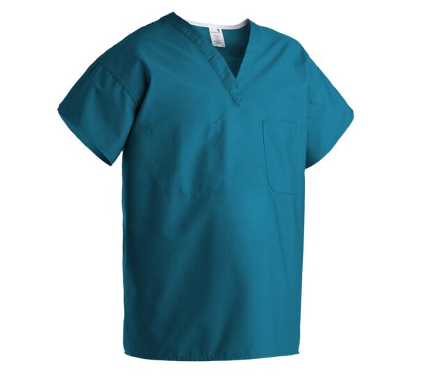 Outline of our Unisex Poplin Scrub Shirt is shown here in Harbor. These unisex scrub tops are available in A-line and Standard FIt.