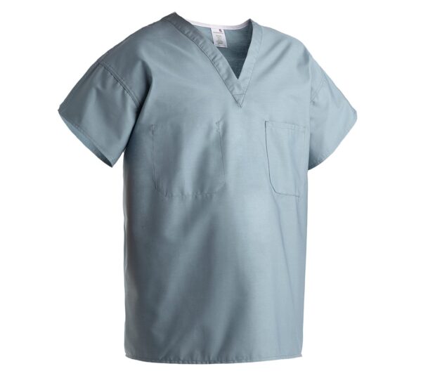 Outline of our Unisex Poplin Scrub Shirt is shown here in Misty. These unisex scrub tops are available in A-line and Standard FIt.