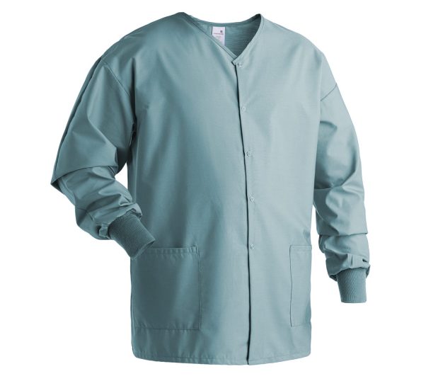 Poplin Unisex Warm Up Jacket with matching cuffs isolated on a white background. Shown in the color Misty Green.