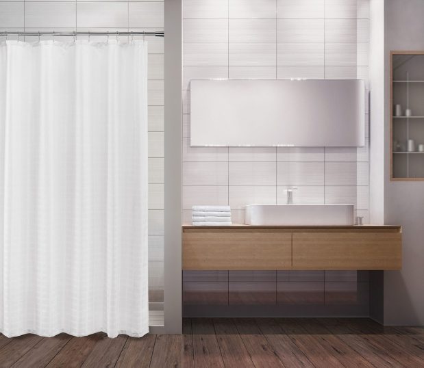White shower curtain in the Bay Blocks pattern seen here in a modern bathroom.