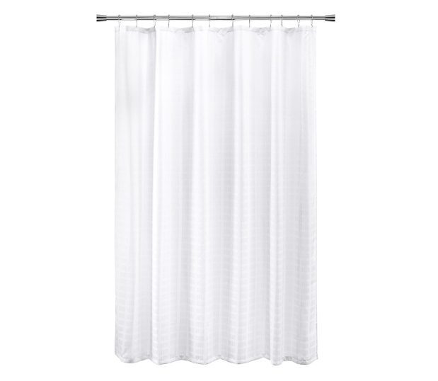 Full length silhouette of white shower curtain in the Bay Blocks pattern.