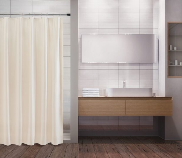 Beige shower curtain in Cruise Vinyl shown here in a modern bathroom.