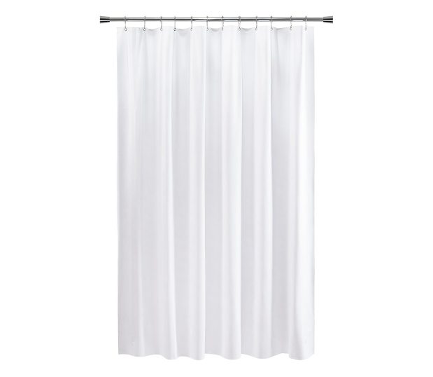 Full length silhouette of white shower curtain in Cruise Vinyl.