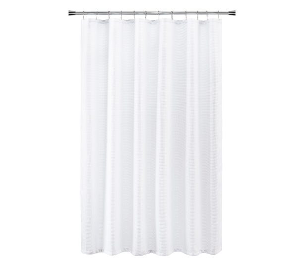 Full length silhouette of white shower curtain in the Luxe Waffle pattern.