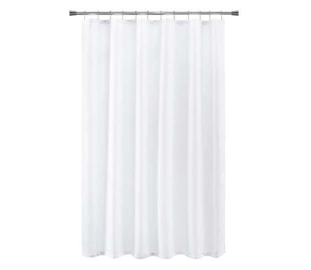 Full length silhouette of white shower curtain in the Luxe Waffle pattern.