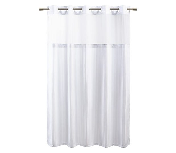 Full length silhouette of white hookless shower curtain in the Ames- Herringbone pattern. Shown hanging from a rod.