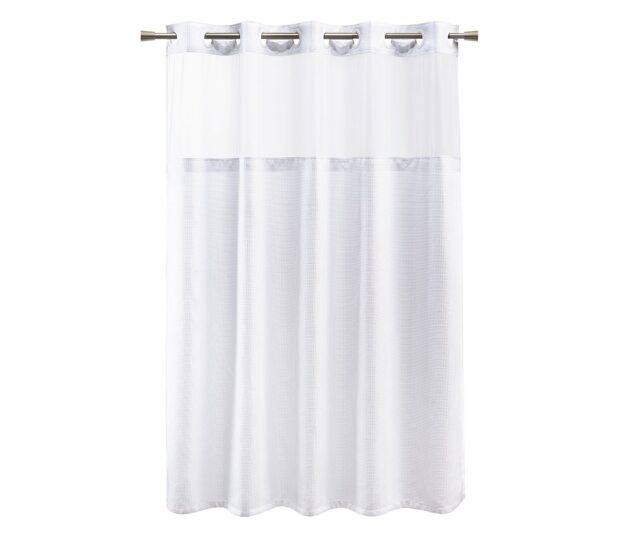 Full length silhouette of white hookless shower curtain in the Luxe Waffle pattern. Shown hanging from a rod.
