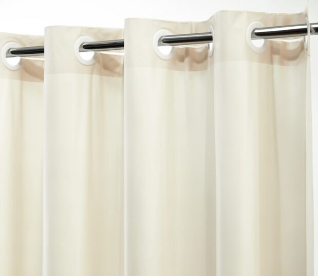 Detail of hookless shower curtain in Cruise-Vinyl, Beige.