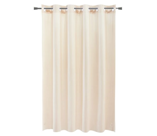 Full length silhouette of beige hookless shower curtain in Cruise Vinyl. Shown hanging from a rod.