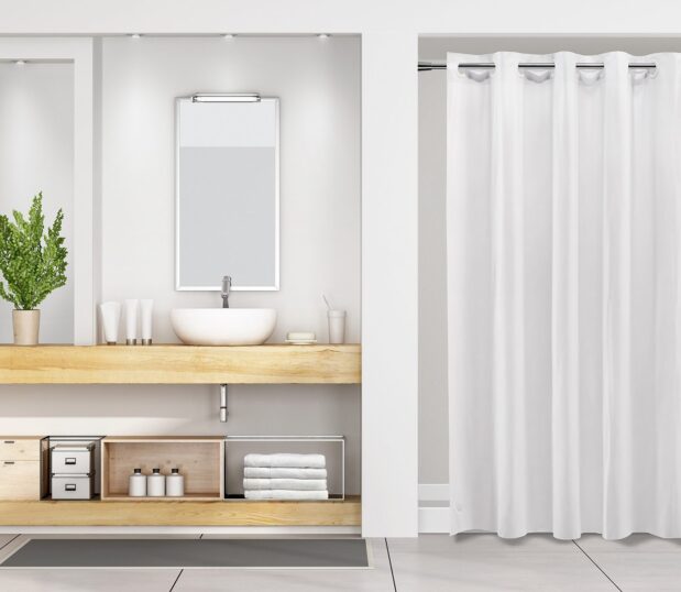 White Cruise Vinyl hookless shower curtain shown here in an upscale hotel bathroom.